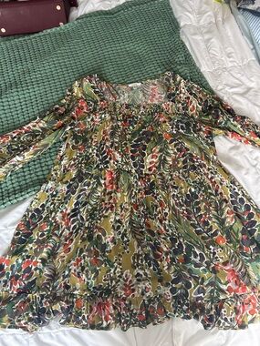 JODIFL Olive Green Floral Boho Dress with Coral & Navy Accents